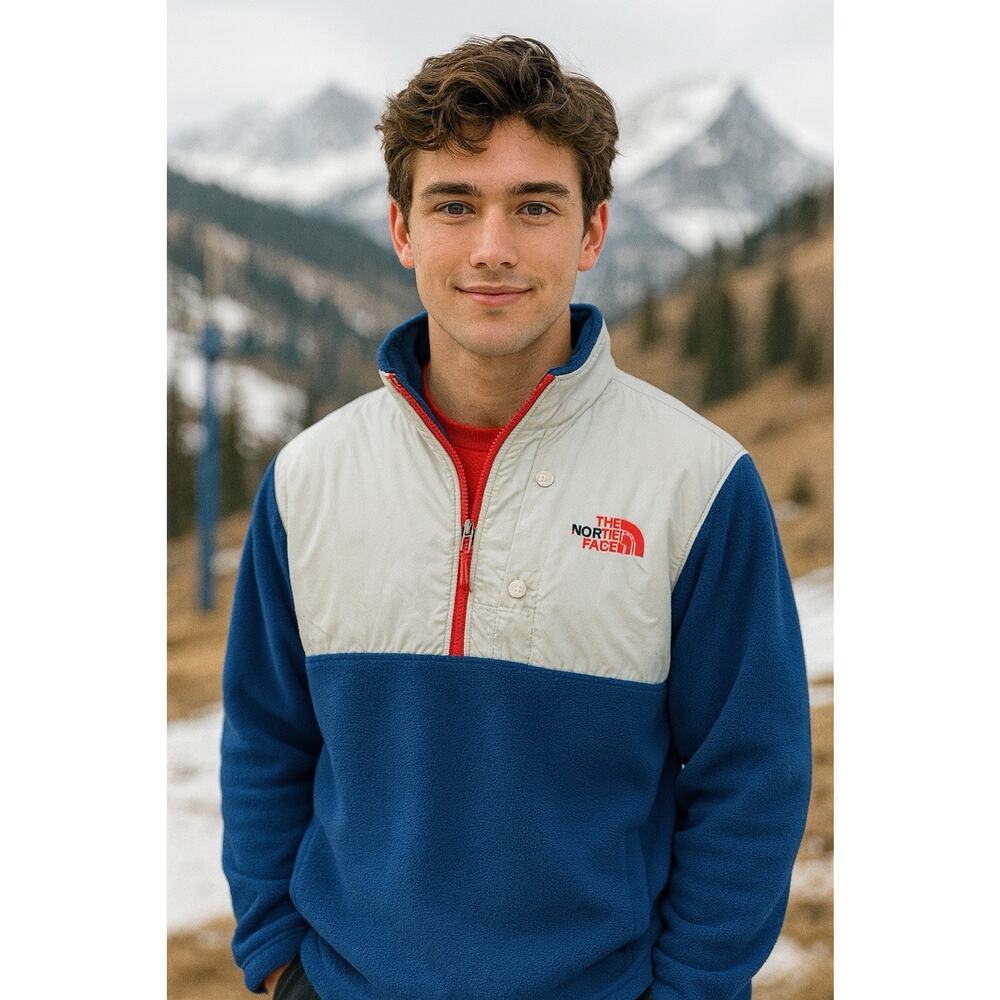 The North Face Blue White 1/2 Zip Pullover Fleece Sz L Preppy Ski Gorpcore